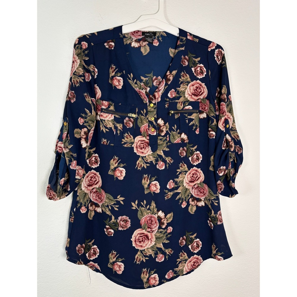Rue21‎ Navy Pink Rose Floral Roll Tab Sleeve V-Neck Blouse Top Small